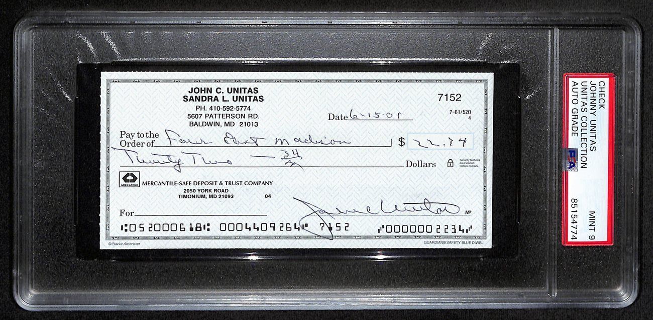 Johnny Unitas Hof Signed/Auto 2001 Bank Check