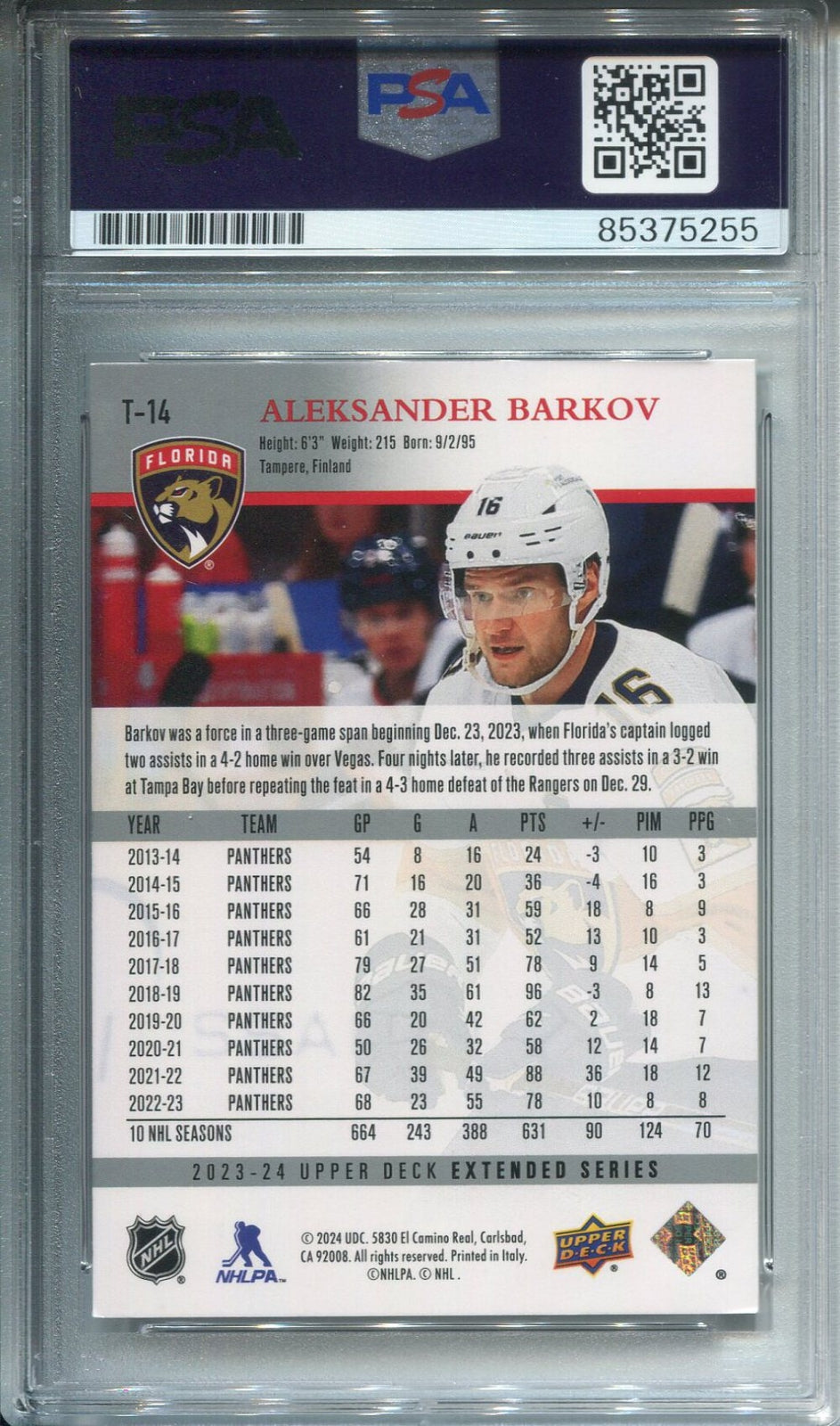 Aleksander Barkov Autographed Upper Deck Card Psa Auto Grade 10