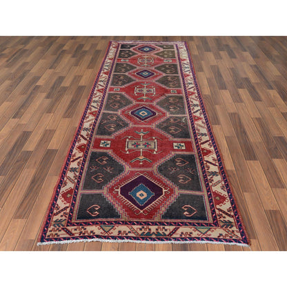 3'9"X10'9" Red Farsian Heris With Geometric Design Hand Knotted Wool Rug