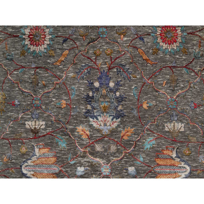 9'X12'1" Brown Scrolls Leaf Design Striae Hand Knotted Silk And Wool Rug