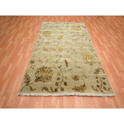 6'X8'10" Brown Hand Knotted Wool And Silk Botanical Design Oriental Rug