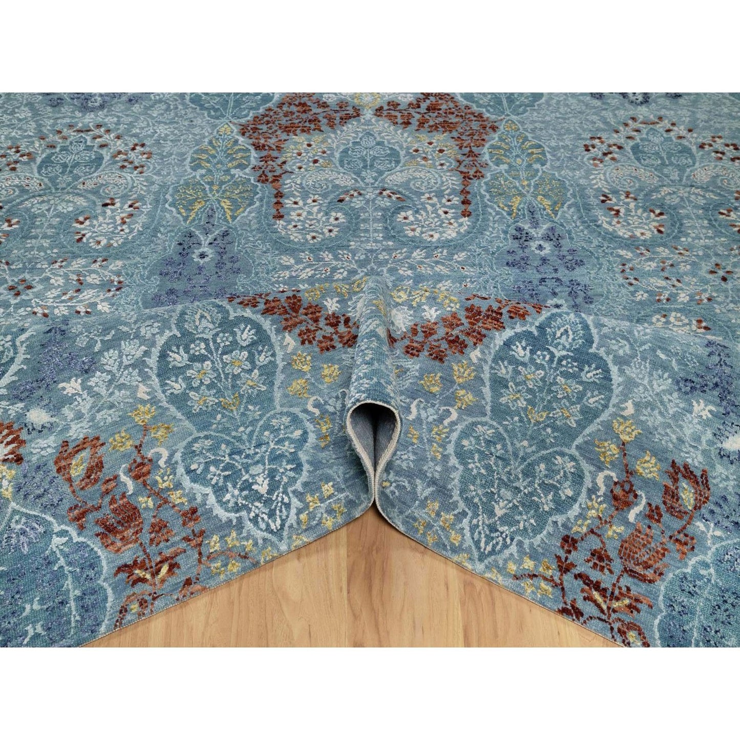 8'1"X10'1" Cerulean Blue Jewelry Design Wool And Silk Hand Knotted Rug