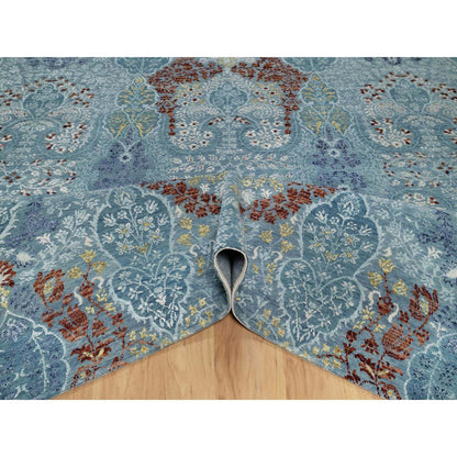 8'1"X10'1" Cerulean Blue Jewelry Design Wool And Silk Hand Knotted Rug
