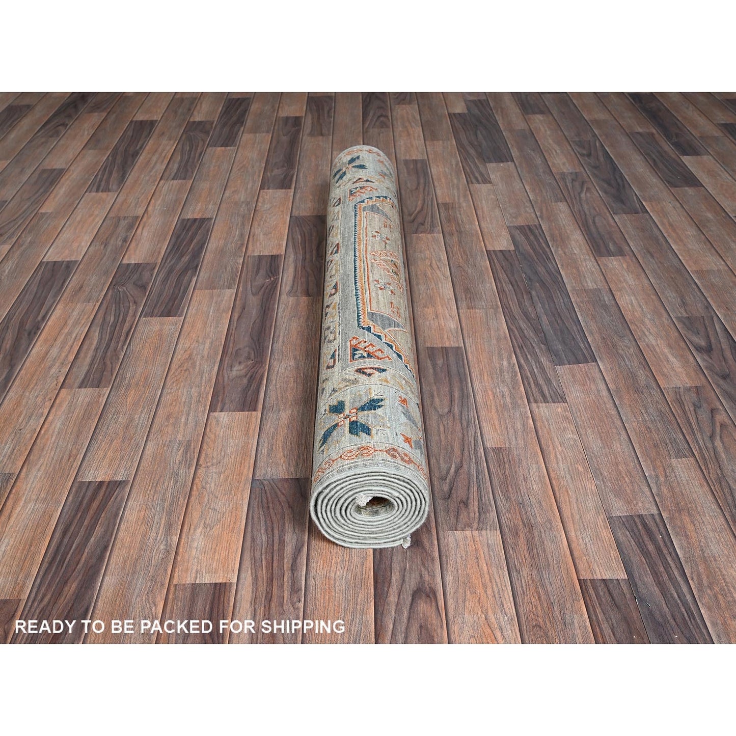 4'X9'5" Light Green Caucasian Design Soft Wool Hand Knotted Runner Rug