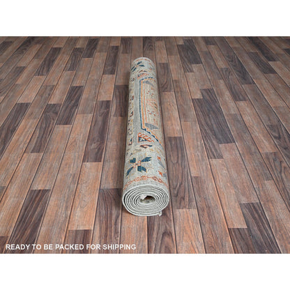 4'X9'5" Light Green Caucasian Design Soft Wool Hand Knotted Runner Rug