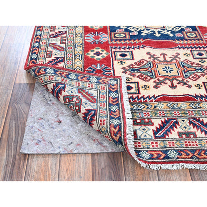 3'9"X5'3" Red Kazak With Geometric Medallions Design Hand Knotted Wool Rug