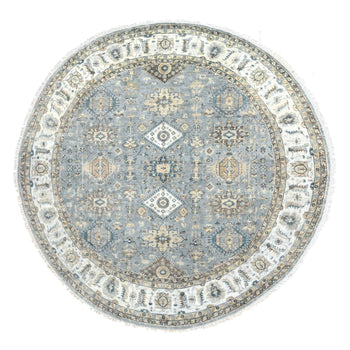 9'X9' Blue Gray Hand Knotted Karajeh Design Wool Round Oriental Rug