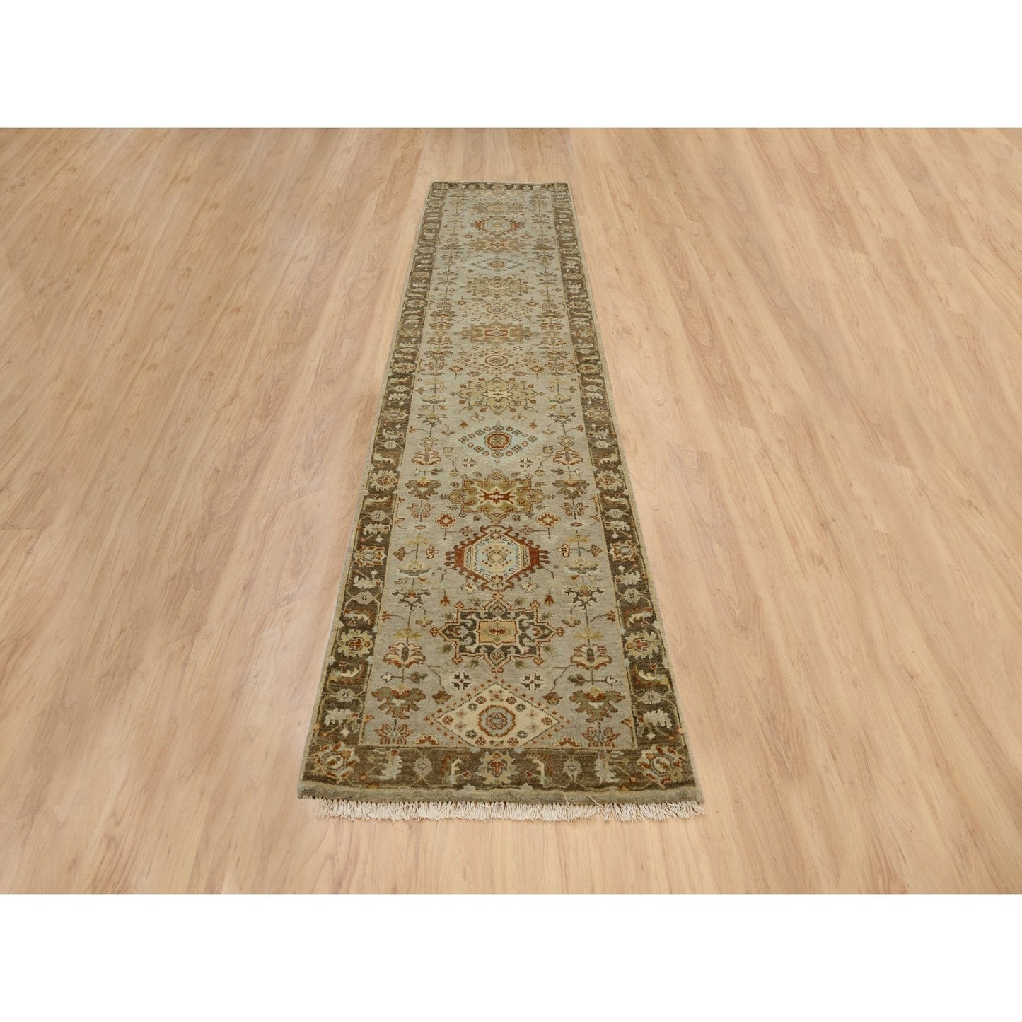 2'7"X12'1" Gray Karijihooz Design Hand Knotted Soft Wool Oriental Rug