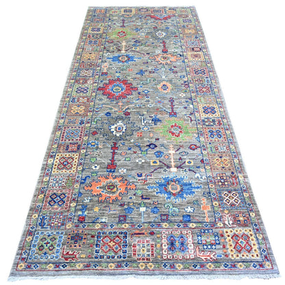 4'1"X9'8" Echo Gray Wool Peshawar Colorful Mahal Hand Knotted Runner Rug