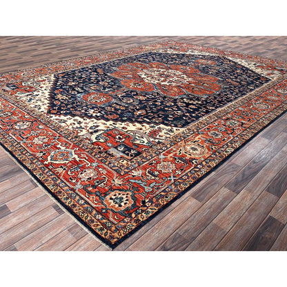 10'1"X14' Midnight Blue Seeripe Heris Design Soft Wool Hand Knotted Rug