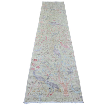 2'6"X11'4" Green Peshawar Birds Design Hand Knotted Soft Wool Runner Rug