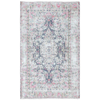 3'7"X5'9" Blue Hand Knotted Old Farsian Karman Worn Wool Oriental Rug