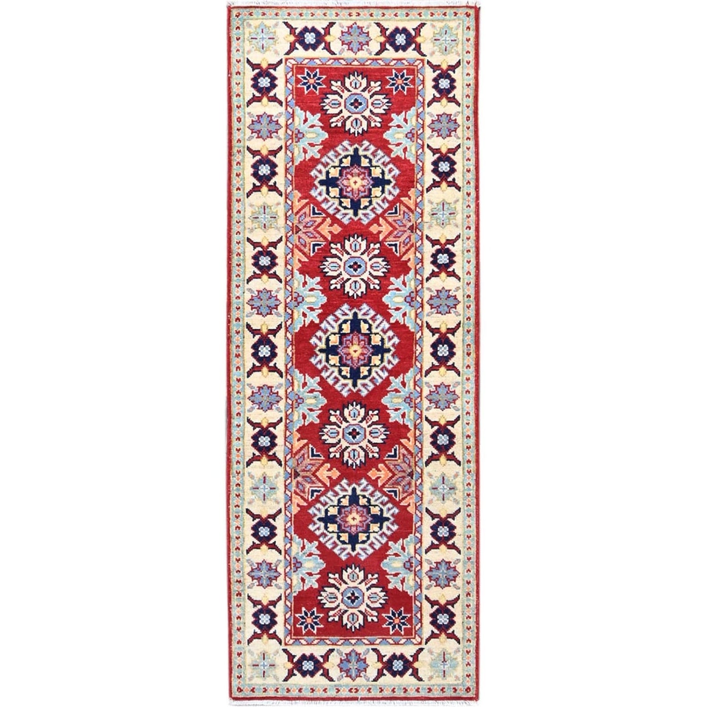 2'1"X6' Scarlet Red Kazak Design Wool Oriental Hand Knotted Runner Rug