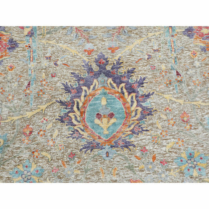 8'10"X8'10" Tan Round Sickle Leaf Design Silk With Wool Hand Knotted Rug