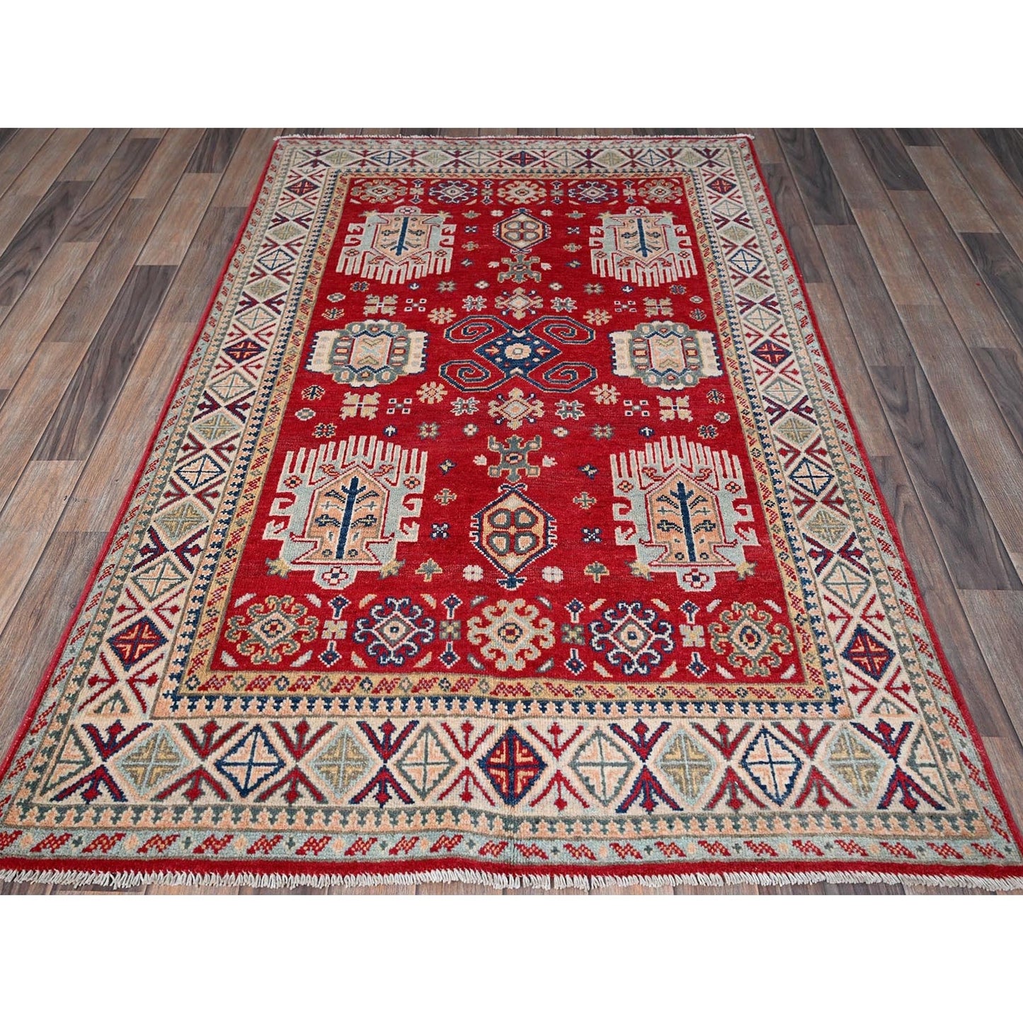 3'10"X5'10" Arsenal Red Kazak With Tribal Motifs Hand Knotted Soft Wool Rug