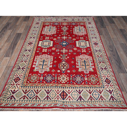 3'10"X5'10" Arsenal Red Kazak With Tribal Motifs Hand Knotted Soft Wool Rug