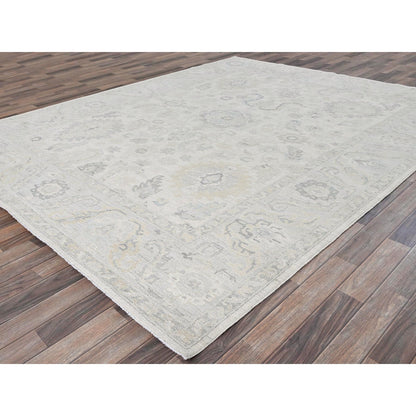 8'2"X10'1" White Wash Peshawar With Leaf Design, Hand Knotted Pure Wool Rug