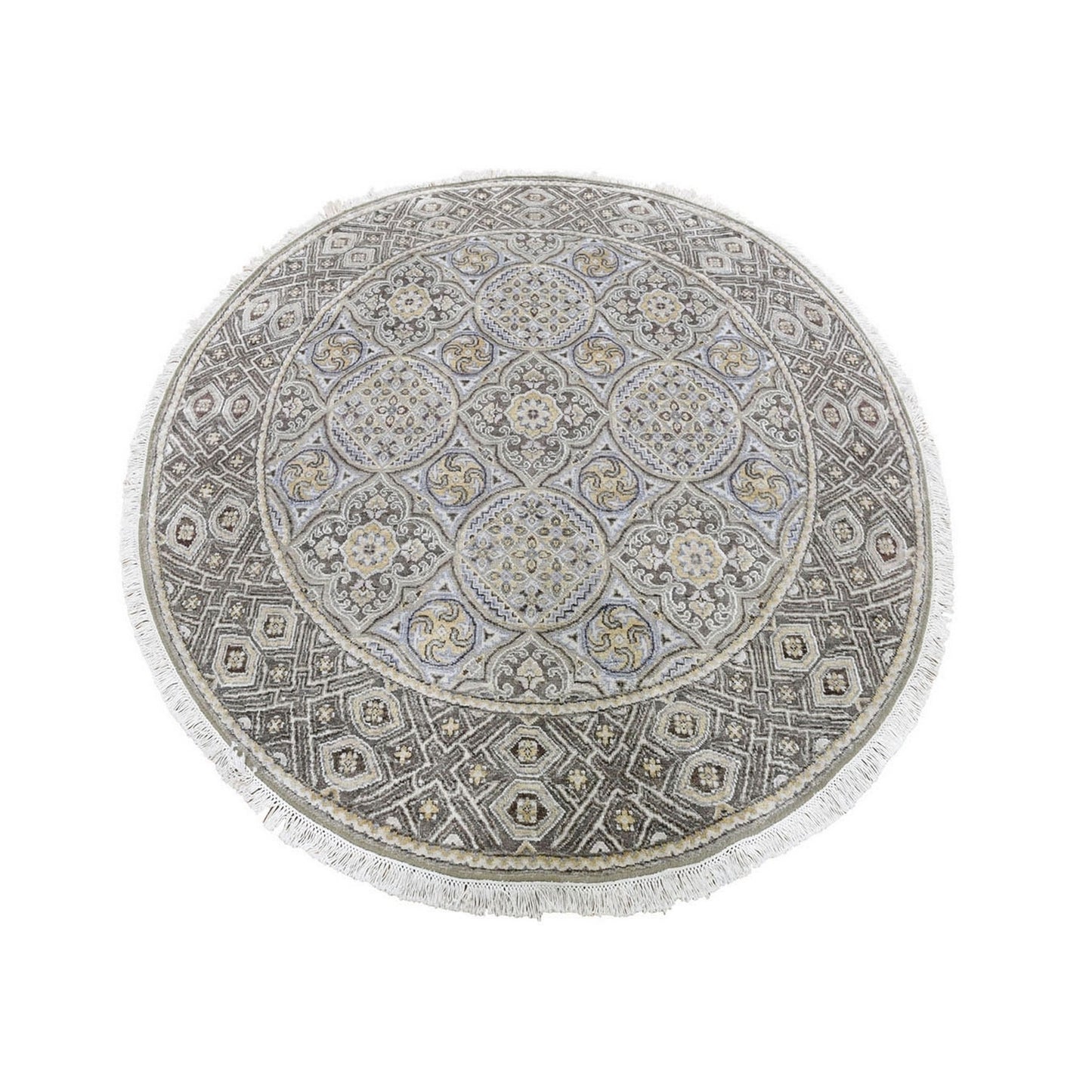 5'1"X5'1" Textured Wool And Silk Mughal Inspired Round Hand Knotted Rug