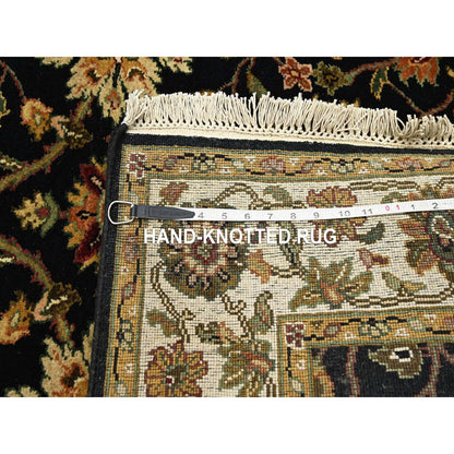 4'X15'9" Black Rajasthan Leaf Design Hand Knotted Wool & Silk Runner Rug