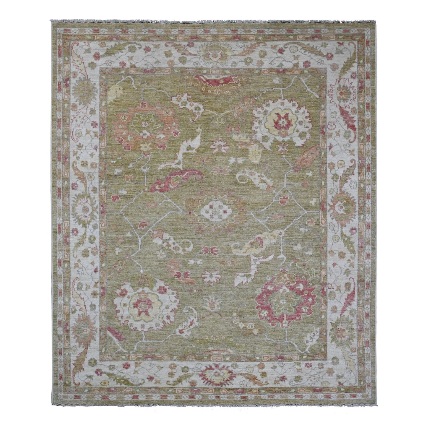 8'1"X9'7" Green Afghan Angora Oushak Leaf Design Wool Hand Knotted Rug
