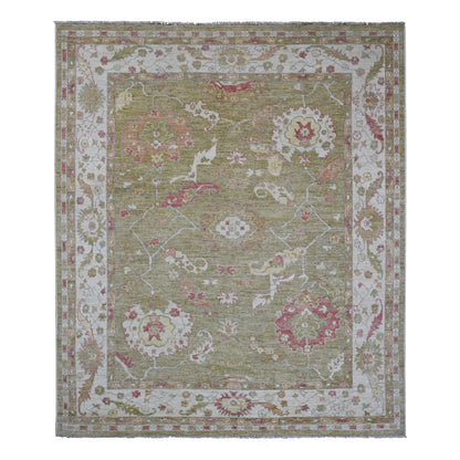 8'1"X9'7" Green Afghan Angora Oushak Leaf Design Wool Hand Knotted Rug