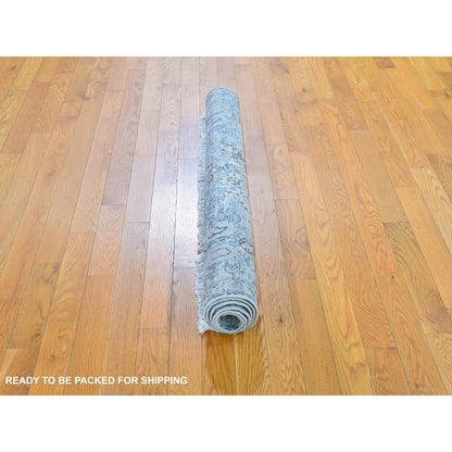 4'X6' Blue Pure Silk With Textured Wool Distressed Oushak Handknotted Rug