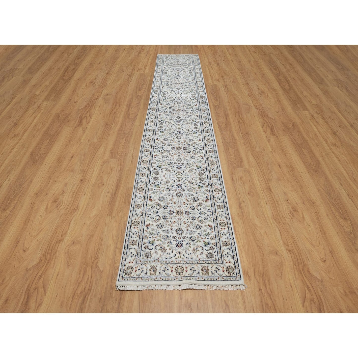 2'9"X14'1" Rice White Nain Wool And Silk Hand Knotted 250 Kpsi Runner Rug