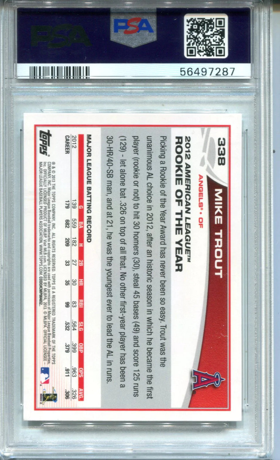 Mike Trout 2013 Topps #338 Psa Mint 9 Card