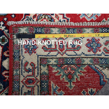 2'6"X4' Berry Red Kazak With Tribal Motifs Hand Knotted Soft Wool Mat Rug