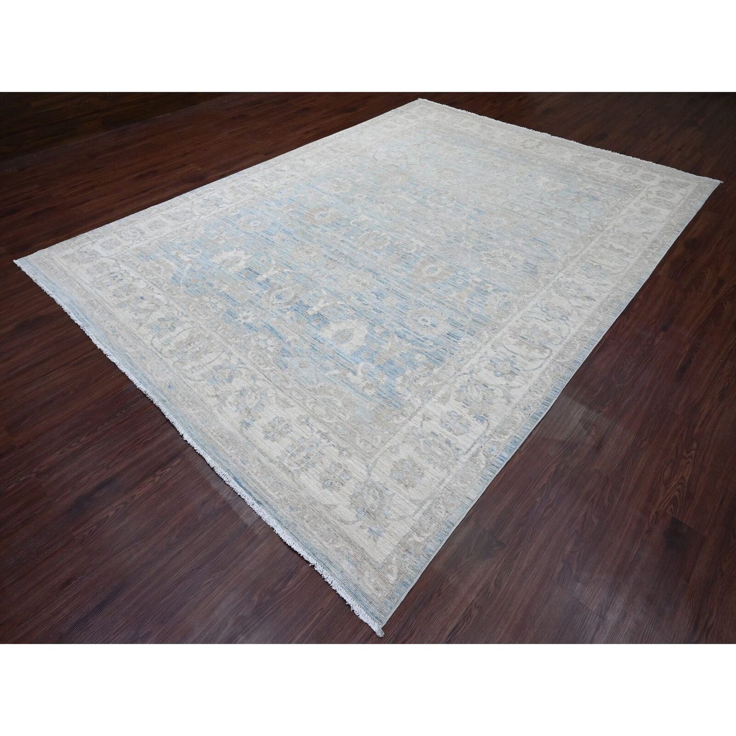 8'8"X12' Blue White Wash Peshawar Leaf Design Hand Knotted Pure Wool Rug