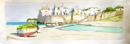Aldo Riso 'Boats On The Shore' Stunning Hand-Painted 35X100 Authenticated-Signed