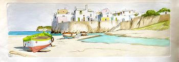 Aldo Riso 'Boats On The Shore' Stunning Hand-Painted 35X100 Authenticated-Signed