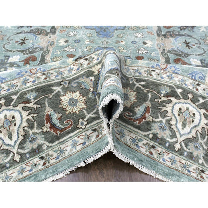 9'X11'9" Teal Green Hand Knotted Oushak With Floral Motifs Soft Wool Rug