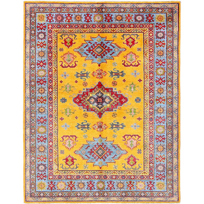 5'2"X6'7" Yellow Kazak With Geometric Design Hand Knotted Soft Wool Rug
