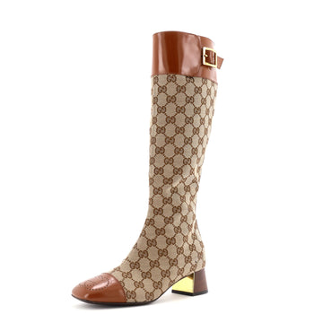 Gucci Women'S Ellis Knee High Boots Gg Canvas With Leather