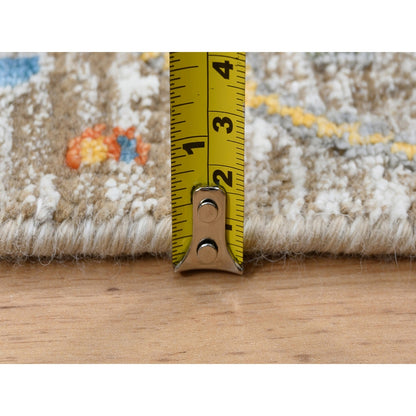 4'1"X10'3" Silk And Wool Hand Knotted Tan Sickle Design Wide Runner Rug