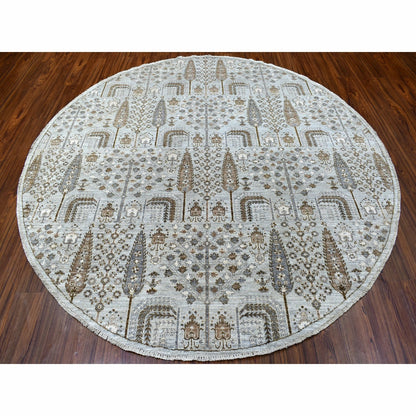 8'3"X8'3" Gray Peshawar With Folk Art Cypress Tree Design Shiny Wool Rug