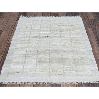 2'4"X3' Ivory Moroccan Weave With Squares Design Wool Hand Knotted Mat Rug