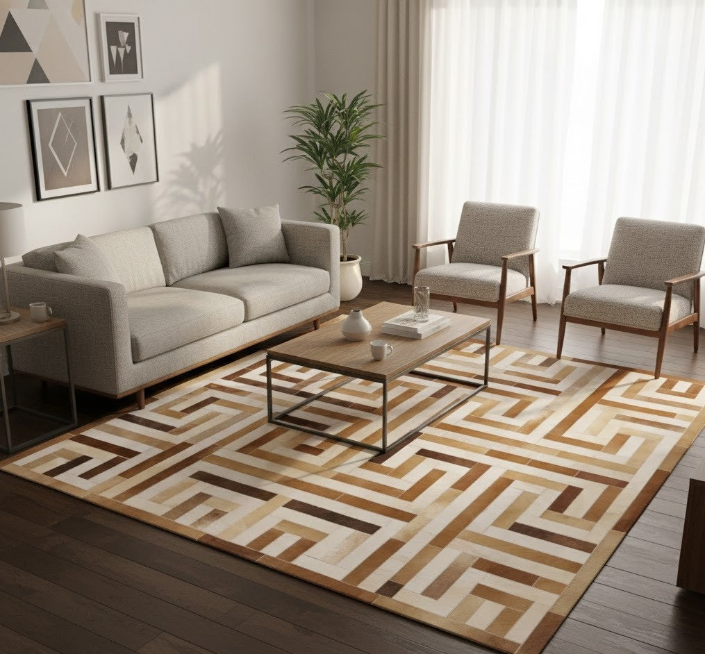 Cowhide leather rug modern square design contemporary carpet ft 6x6 ft