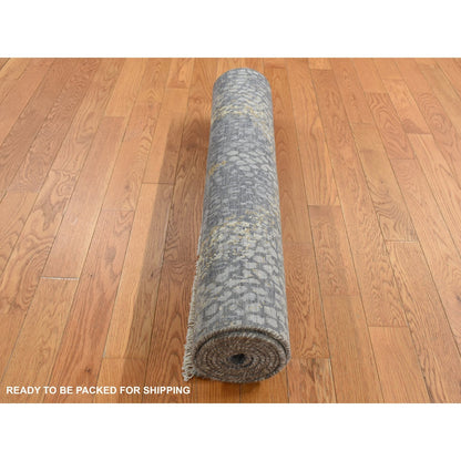 3'X8' Gray Zoroastrian Medallion Design Wool-Silk Runner Hand Knotted Rug