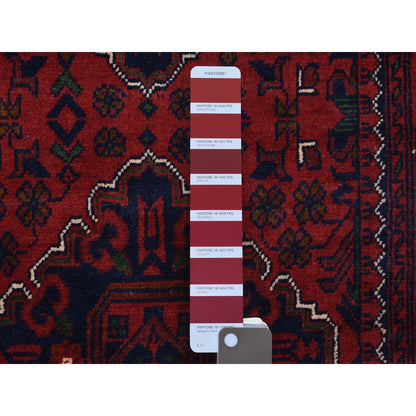 2'8"X9'7" Red Tribal Design Hand Knotted Afghan Khamyab Wool Runner Rug