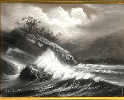 William Deshazo Original Pastel Drawing "Cliff And White Waves" Signed Seascape