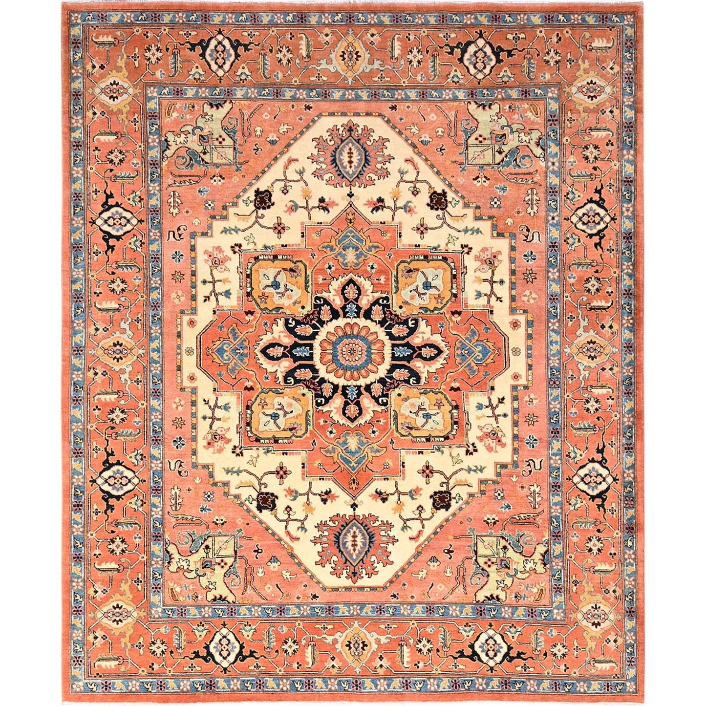 8'X9'7" Orange Afghan Peshawar Seeripe Heris Design Hand Knotted Wool Rug