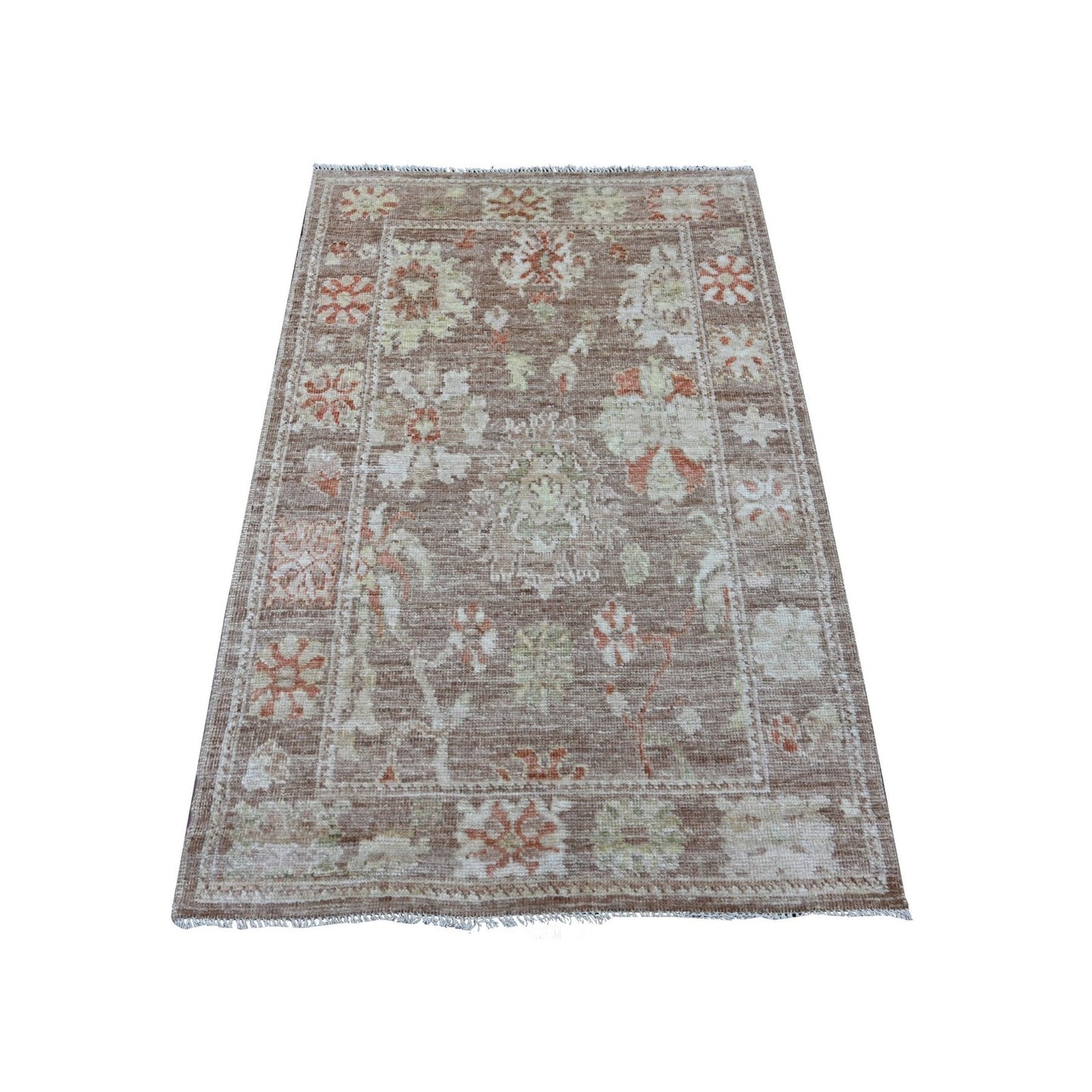 3'3"x5' Brown Afghan Angora Oushak with Leaf Design Hand Knotted Wool