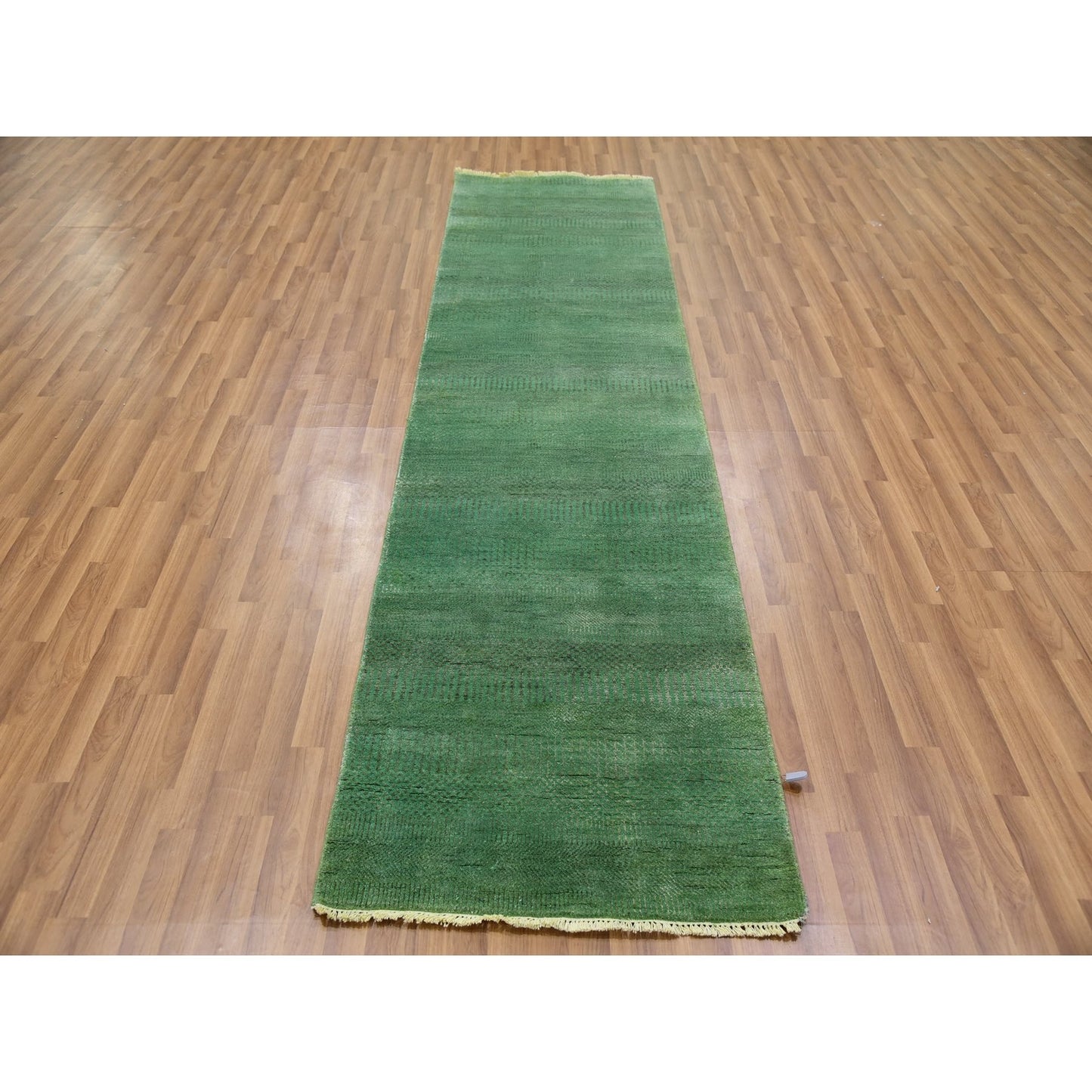 2'9"X10' Blue Dyed Wool And Silk Hand Knotted Grass Design Runner Rug