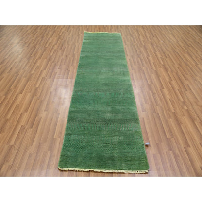 2'9"X10' Blue Dyed Wool And Silk Hand Knotted Grass Design Runner Rug