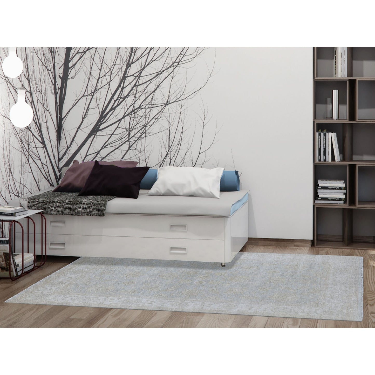 6'X8'10" White Wash Peshawar Pure Velvety Wool Light Gray Handknotted Rug