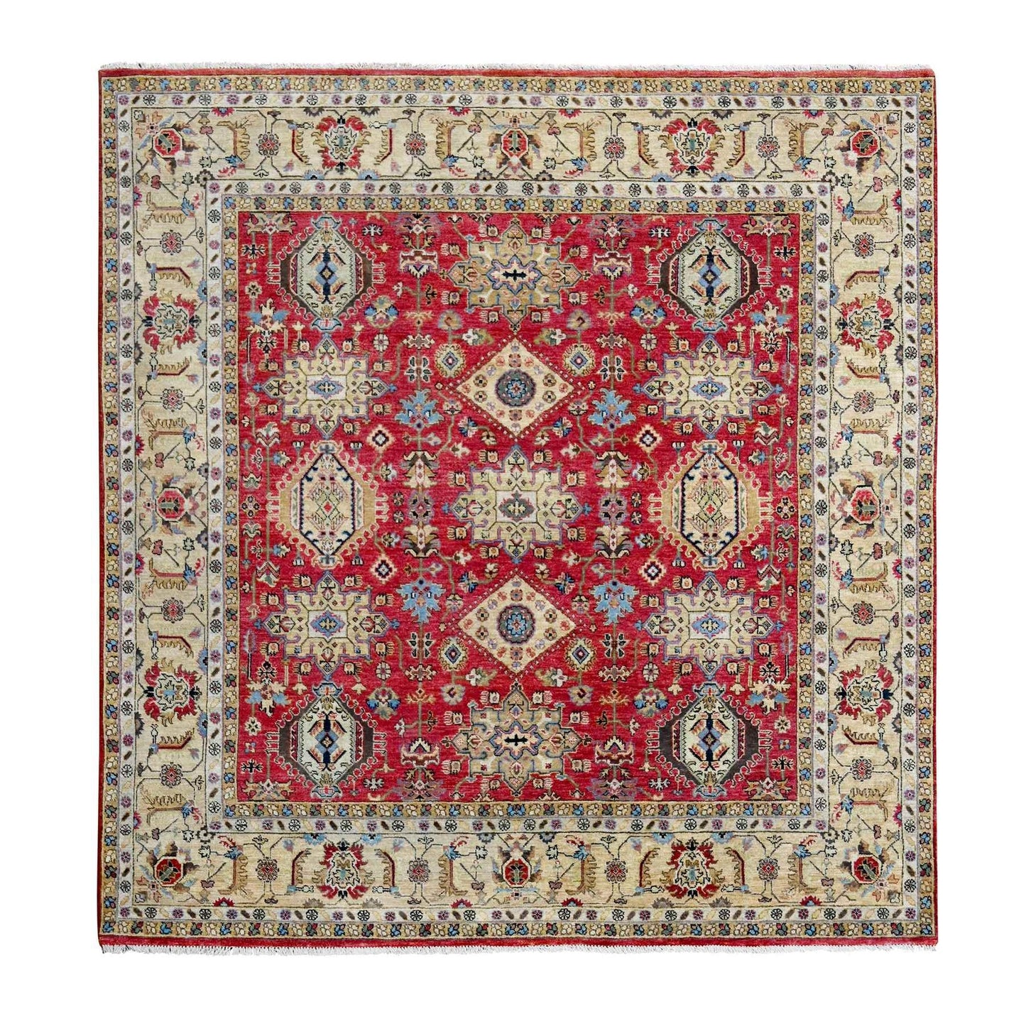 8'X8' Fire Brick Red Hand Knotted Wool Karajeh Design Square Oriental Rug