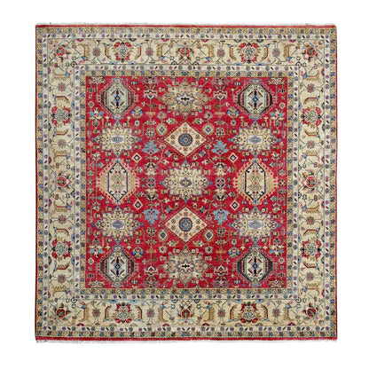 8'X8' Fire Brick Red Hand Knotted Wool Karajeh Design Square Oriental Rug