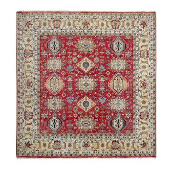 8'X8' Fire Brick Red Hand Knotted Wool Karajeh Design Square Oriental Rug